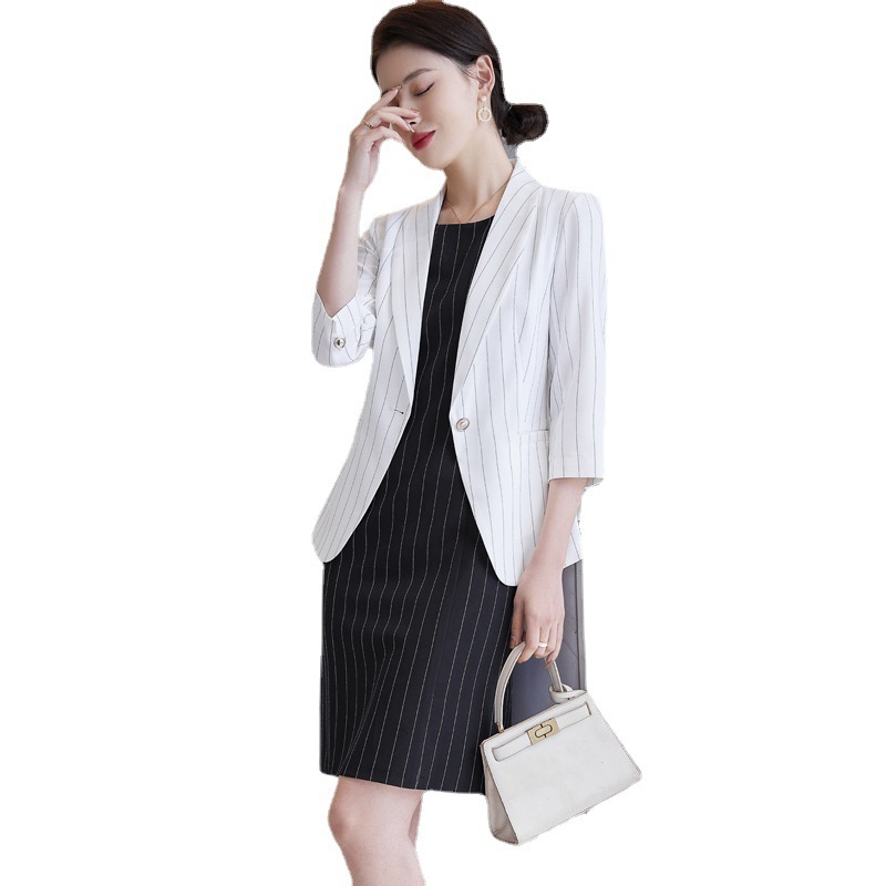 2022七分时尚条纹白色西装职业装女士连衣裙套装商务经理律师套装