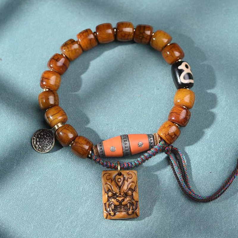 藏传骆驼骨文玩手串单圈藏式尸陀林回流骨貔貅吊牌配饰桶珠手链
