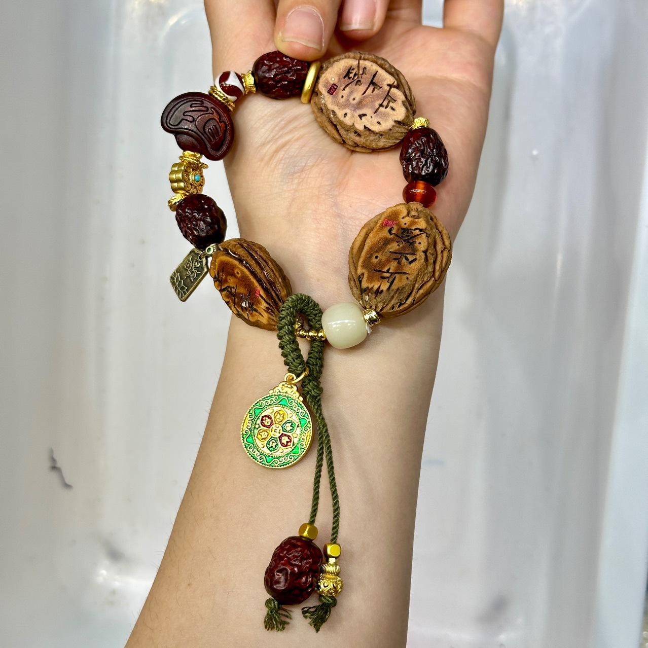 桃核上上签多宝手串 搭配紫檀大枣珠元宝 六字真言吊牌diy文玩佛