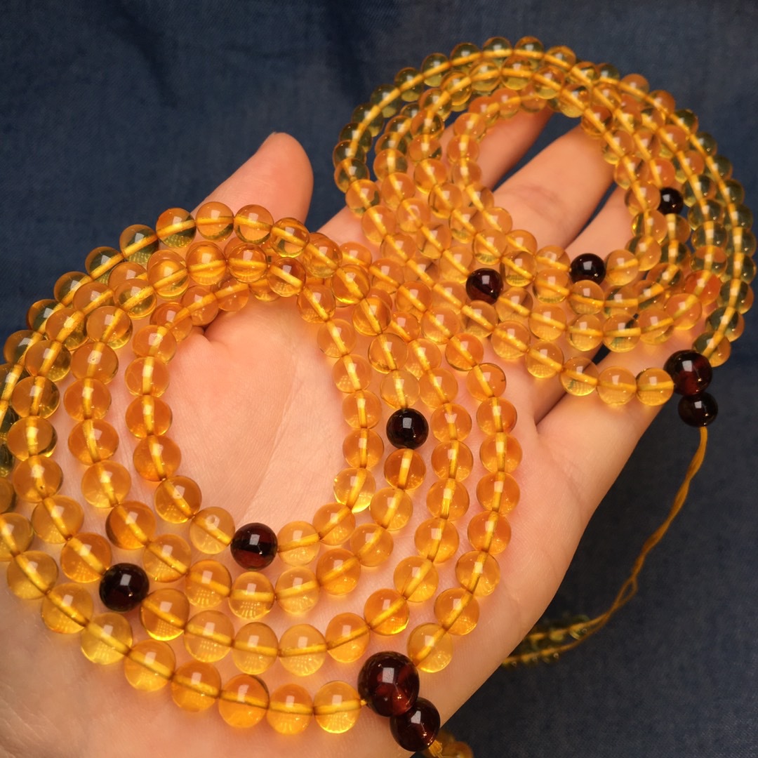 俄料净水金珀108佛珠 鸡油黄 晶莹剔透