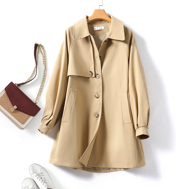 2024秋季新款卡其色中款风衣外套女宽松通勤翻领插肩袖风衣女8722