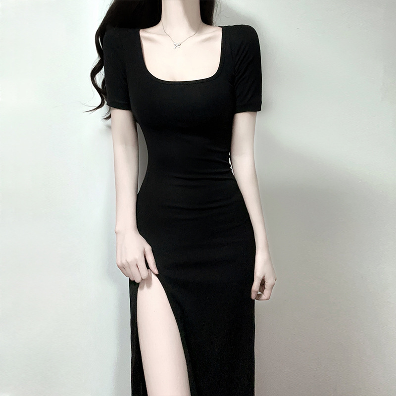 黑色修身性感小众长款开叉u领连衣裙显瘦小个子微胖小黑裙长裙夏