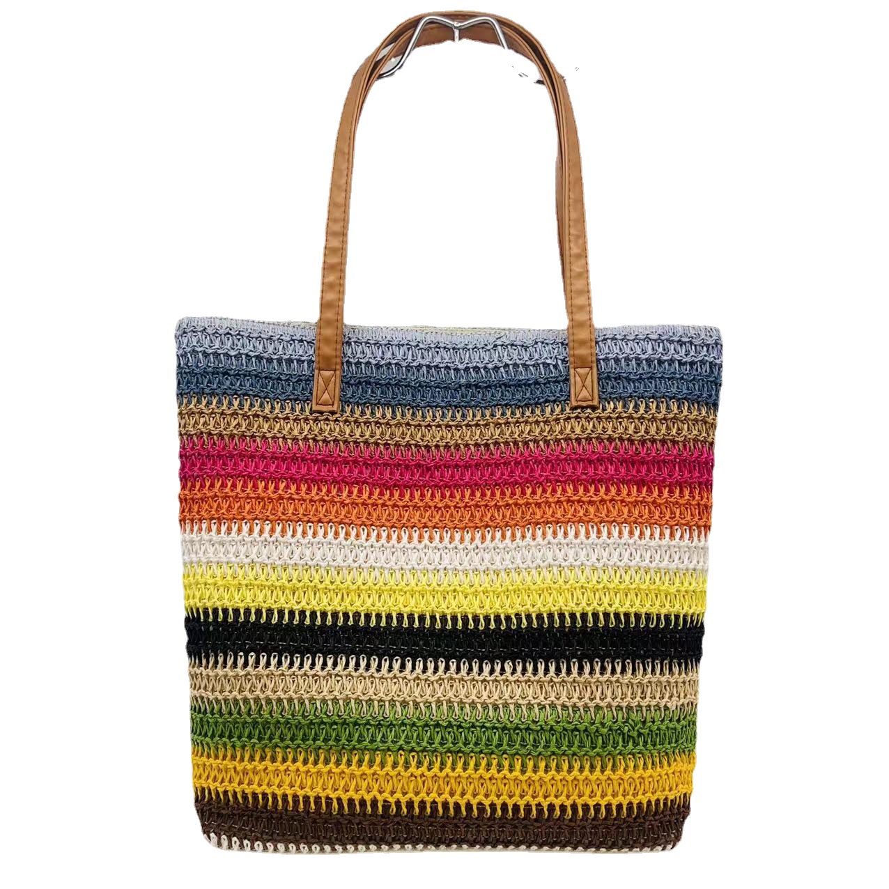 Cross-Border Hot New Fresh Simple Personalized Colorful Striped Woven Bag Beach Bag Shopping Bag Mummy Bag