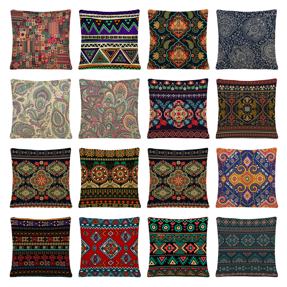 Cross-Border New Arrival Bohemian Colorful Geometric Pattern Pillow Cover Retro Ethnic Style Square Linen Throw Pillowcase