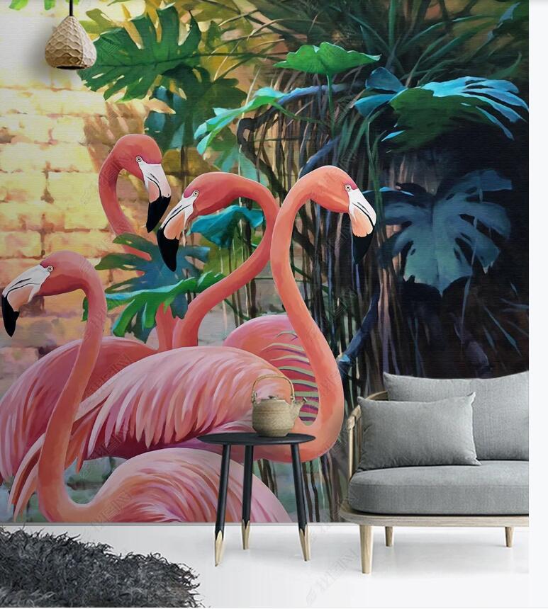 手绘火烈鸟壁纸酒店卧室餐厅客厅背景墙纸东南亚热带雨林植物壁画