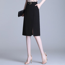 夏季黑色半身裙女2024新款高腰显瘦职业裙中长款开叉包臀一步裙子