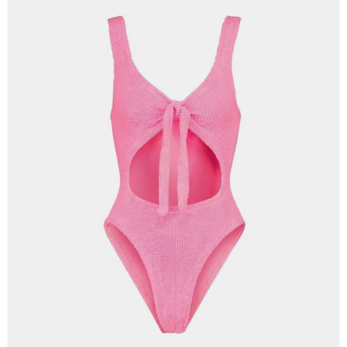 欧美跨境货源连体泳衣挖孔胸前系带特殊面料爆款高叉泳衣欧美