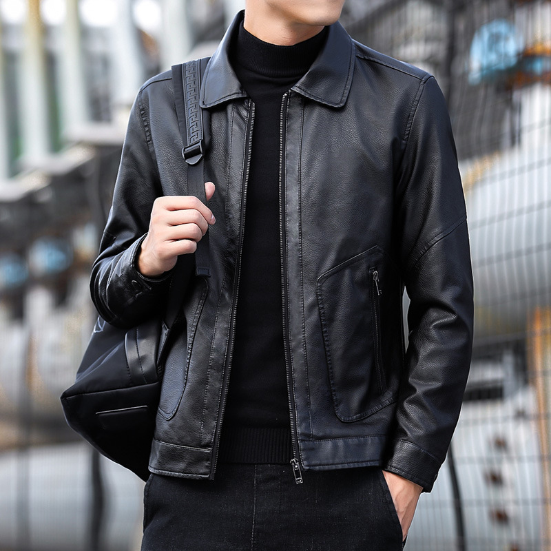 爆款春季新款u翻领皮衣男休闲男装机车夹克外套 #-阿里巴巴