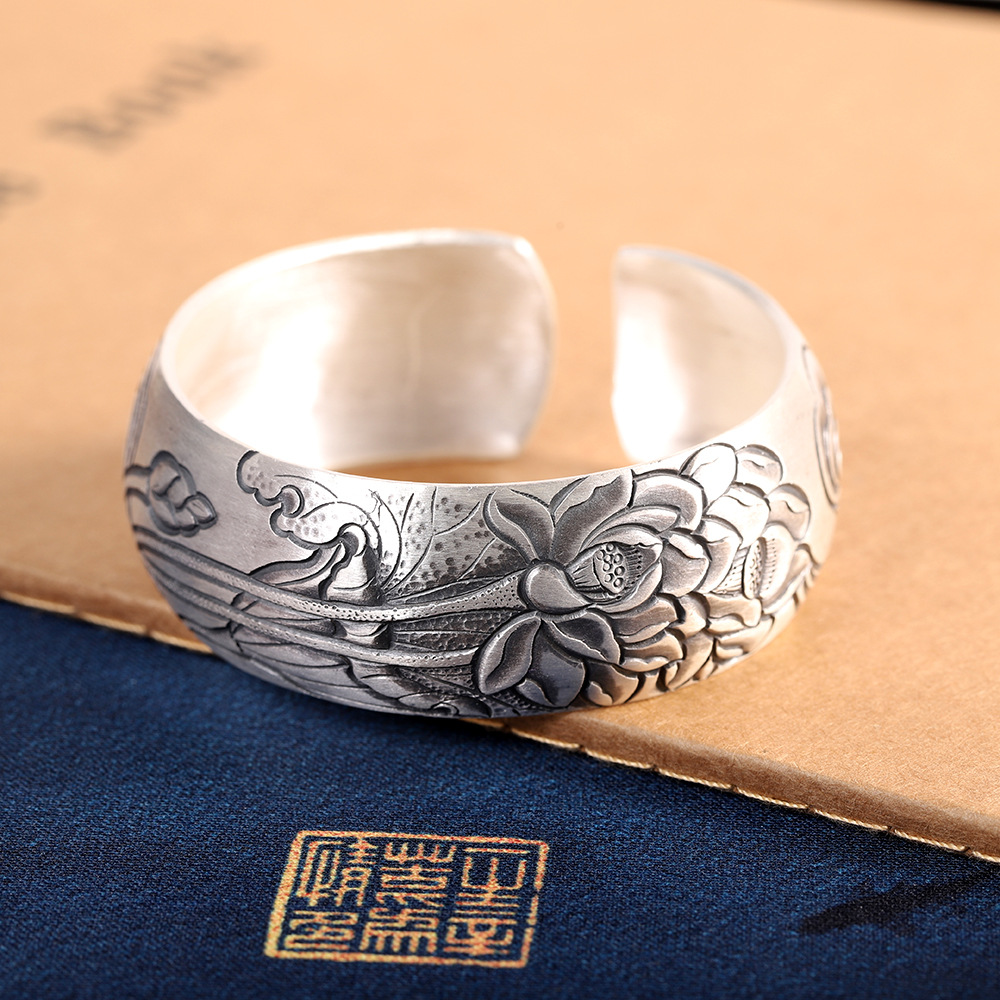 人品银品 民族风手饰足银999莲花手镯 爱莲说大气手环 仿古做旧