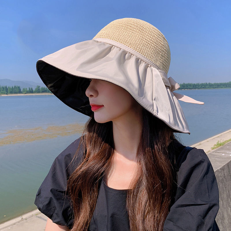 Summer Vinyl Sun Hat Female Hollow Bow UV Protection Big Brim Face-Covering Sun Protection Hat Sun Hat Bucket Hat
