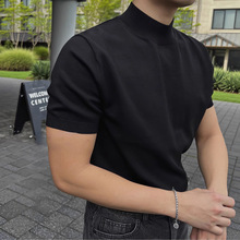 黑色半高领套头针织T恤男士美式型男短袖毛衣潮流修身打底半袖衫