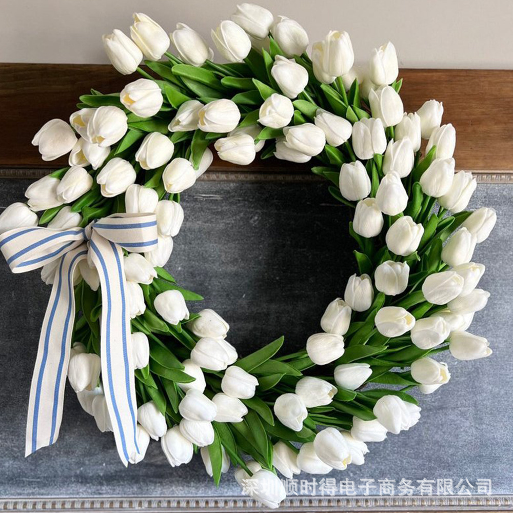 春天白色郁金香花环春夏季母亲节节日花环花圈前门门挂亚马逊新品