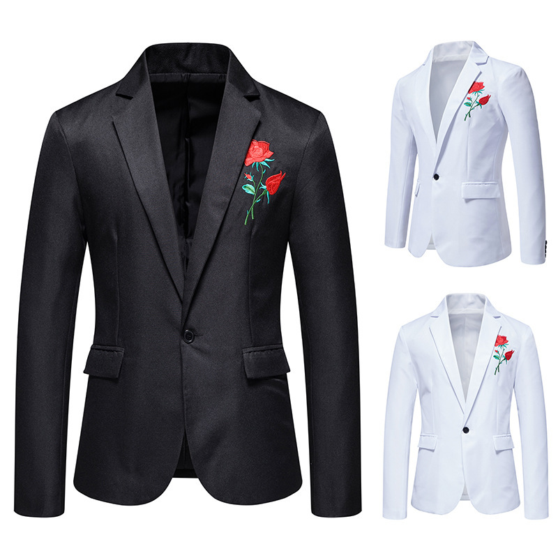 男式休闲西装外套单扣商务玫瑰刺绣西装夹克