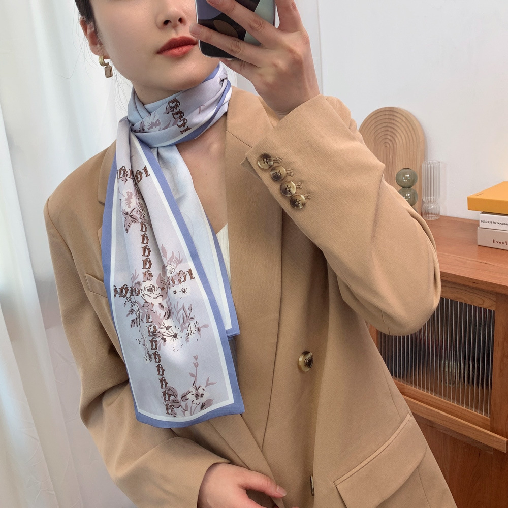 2022 French Style Floral Silk-like Long Silk Scarf Women's Thin Narrow Double-Sided Japanese and Korean Professional Decorative Scarf Scarf Scarf