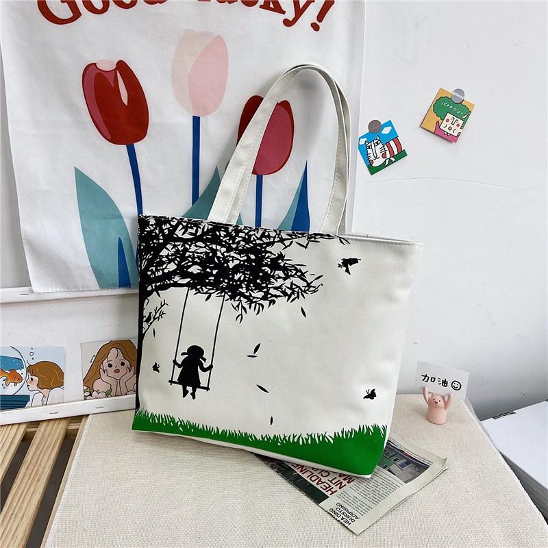 Women's Bag Wholesale 2023 New Simple Canvas Bag Shoulder Women's Handbag Korean Style Casual Cartoon Big Bag