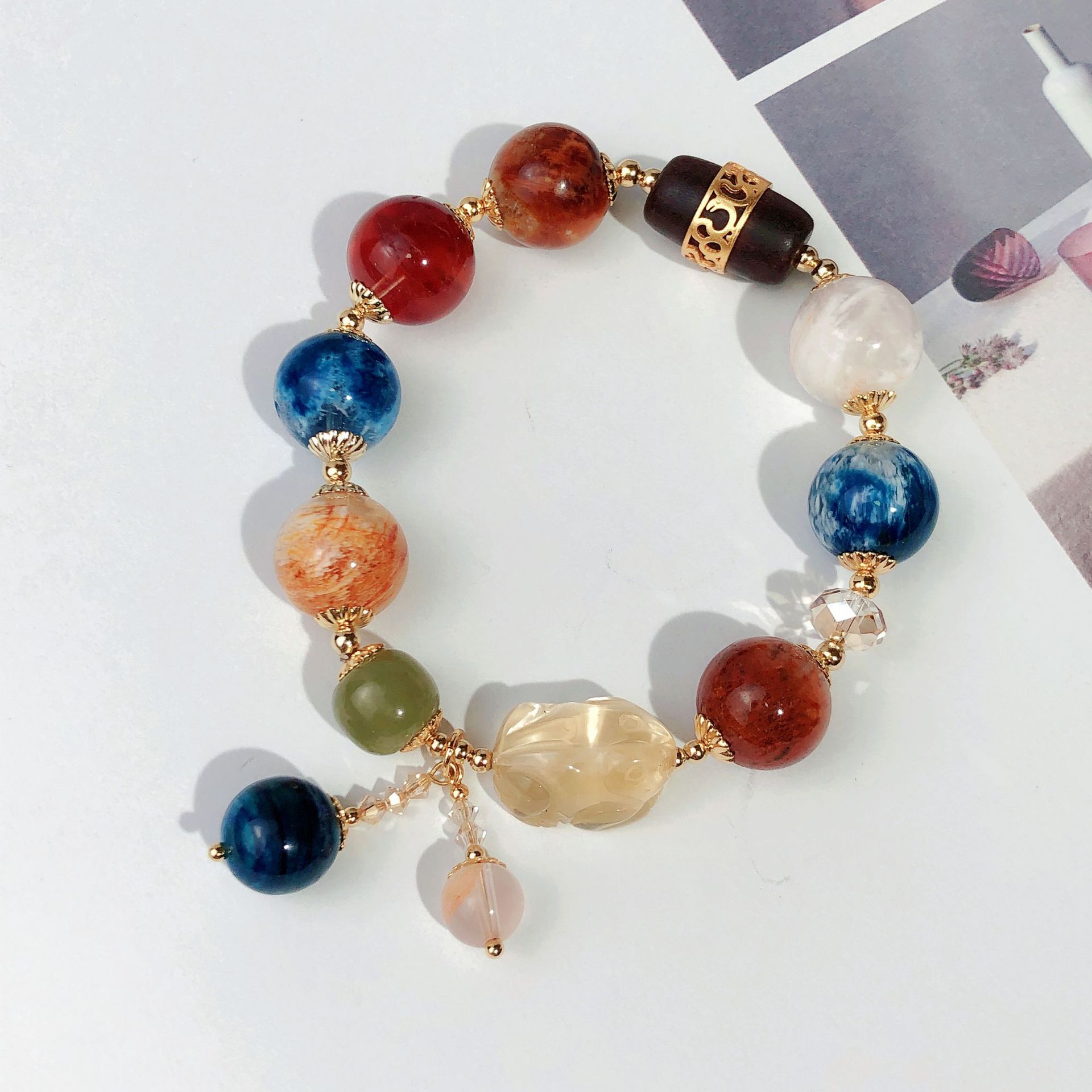 彩色雪花幽灵石手链单圈黄水晶和田玉桶珠奥地利水晶手串手工饰品