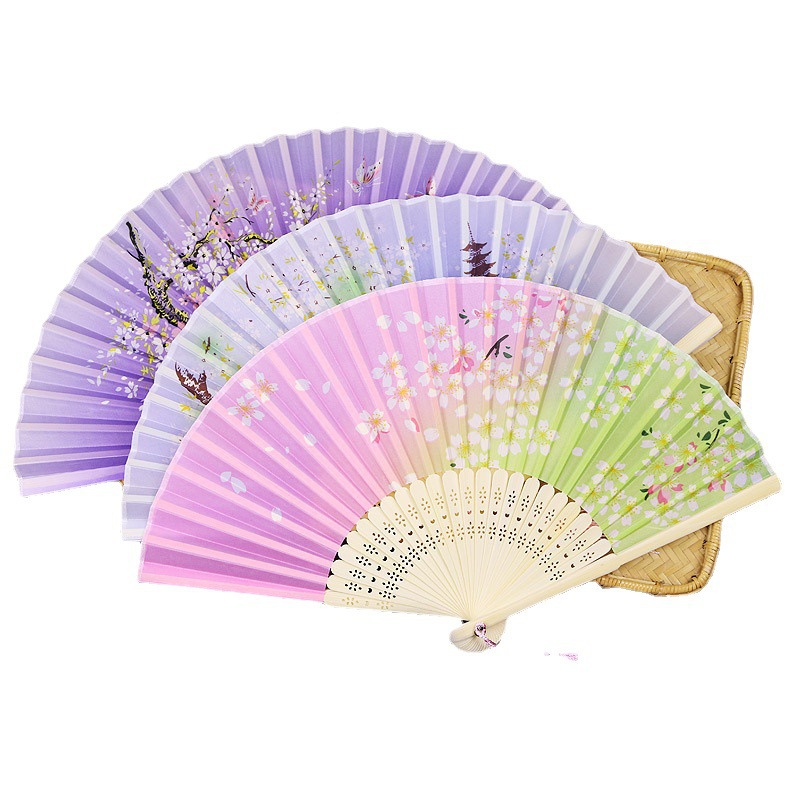 Tourist Scenic Spot Ancient Style Female Fan Two Green Folding Fan Hanfu Dance Fan Craft Gift Portable Fan Bags Spun Silk Fan Wholesale