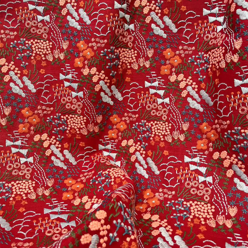 厂家供应手工ins风榆口美子花海刺绣布料竹节棉麻DIY手工包包面料