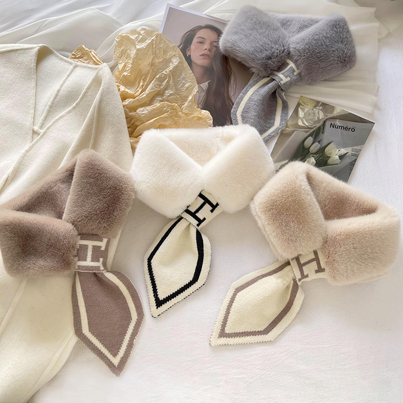 Minimalist Faux Rabbit Fur H Letter Small Ears Knitted Short Scarf Autumn and Winter Korean Style Imitation Fur Women‘s Scarf