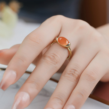 s925纯银镀金镶嵌南红戒指简约时尚个性潮流中式新款新品红色女