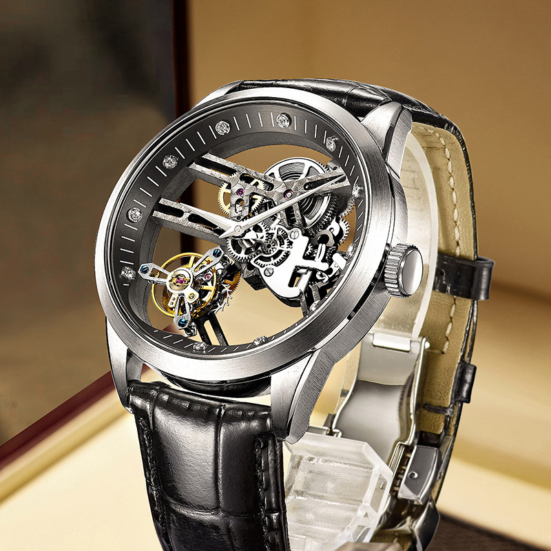 精利jinlery瑞士品牌镂空透底真陀飞轮手动机械表真皮带量大可diy