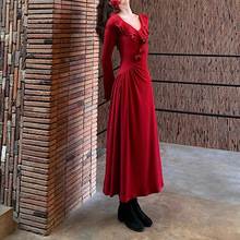 【雾蔓玫瑰】气质新年复古红可拆卸玫瑰蕾丝针织连衣裙内搭红裙潮