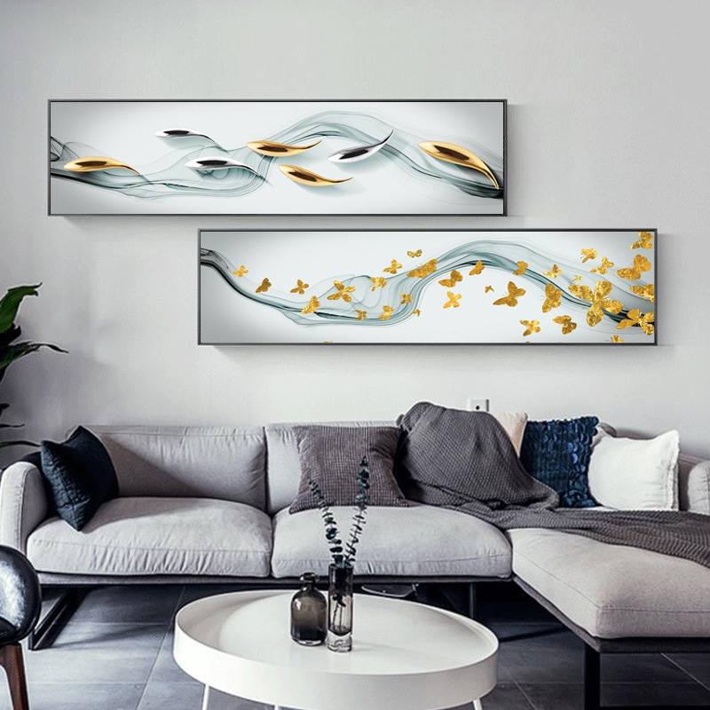 现代卧室金鱼客厅装饰画简约大气沙发墙挂画卧室床头横款羽毛壁画