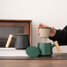 日式木柄手把马克杯陶瓷水杯大容量泡茶杯办公杯带盖过滤茶水分离