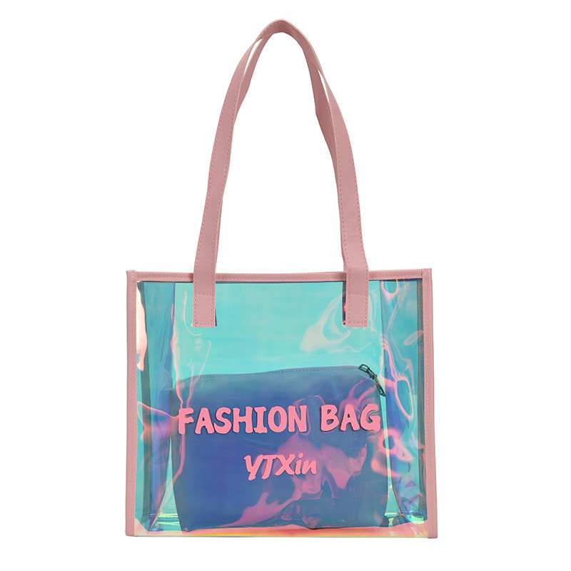 Trendy Letter Jelly Portable Transparent Bag Women's 2021 New Fashion Laser Big Bag Korean Style Beach Shoulder Women's Bag