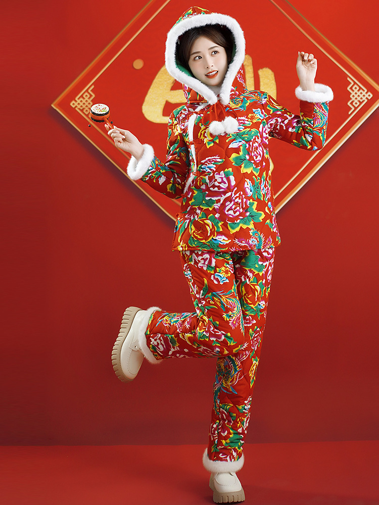 冬季新款东北大花棉袄国风民族风印花连帽毛边喜庆过年棉服套装女