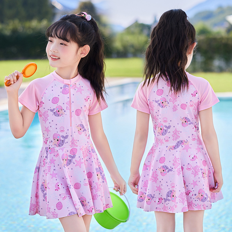 New Marine Coral Cartoon Printing Children's Swimsuit Cute Princess Swimming Dress Fresh Girl's Swimsuit Wholesale