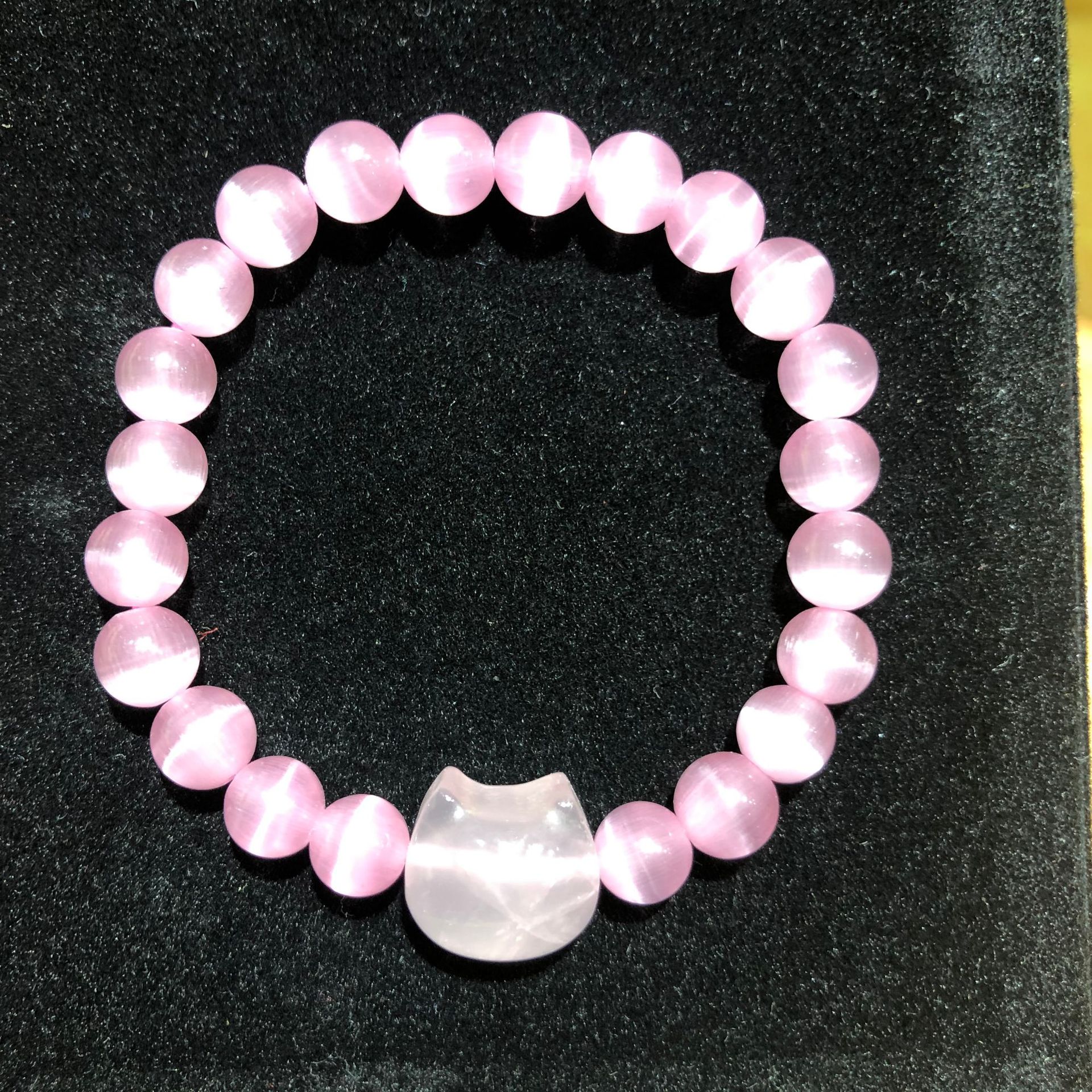 天然水晶猫头手链配饰猫眼石圆珠粉色女款好物手串单圈绿猫眼手饰