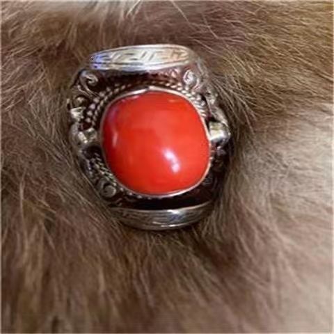西藏蒙古民族元素珊瑚戒指女马鞍开口食指戒子男复古高档高级气质