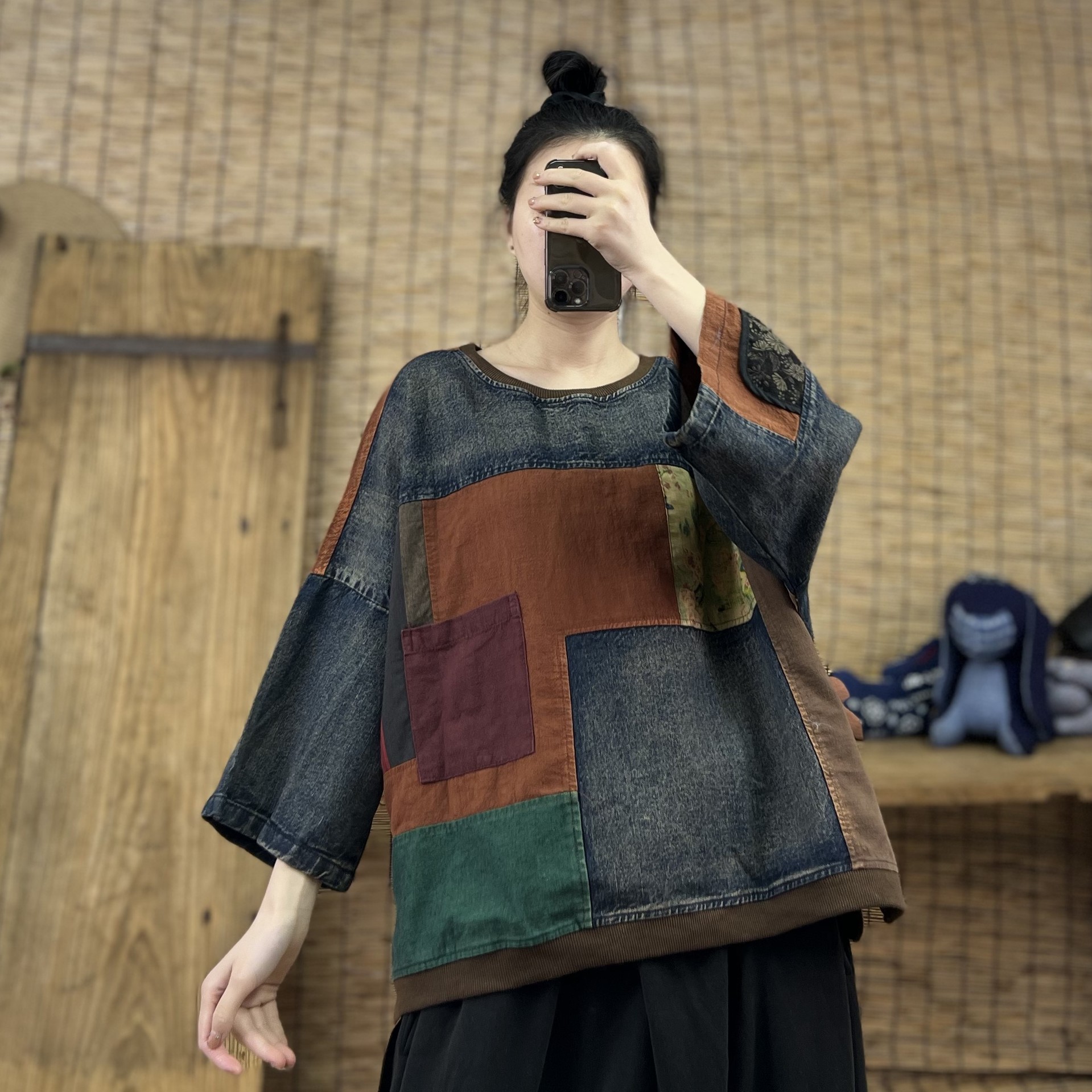 复古做旧拼色七分袖上衣女春季新款拼接牛仔布卫衣女