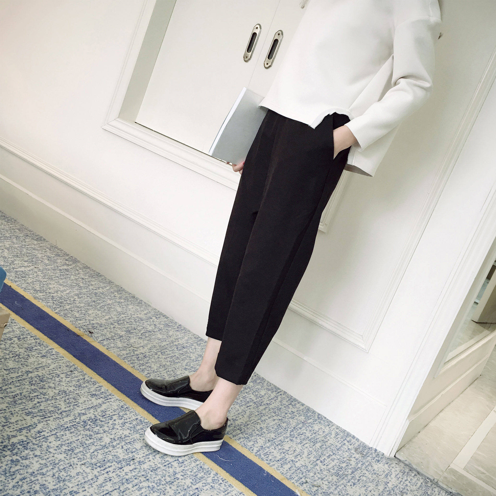 奶奶萝卜显瘦百搭宽松休闲哈伦女西装七分裤小个子春秋冬加绒毛呢