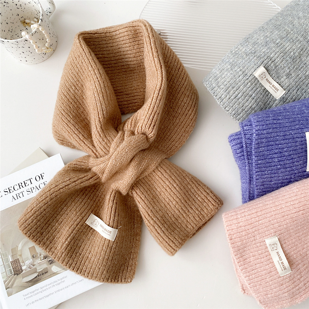 纯色交叉围巾女秋冬季韩版保暖针织毛线百搭日系学生可爱少女围脖
