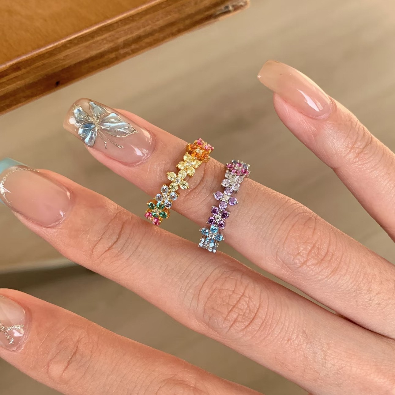 新款莫奈花园多巴胺彩色锆石花朵戒指女款小众设计感个性甜美指环