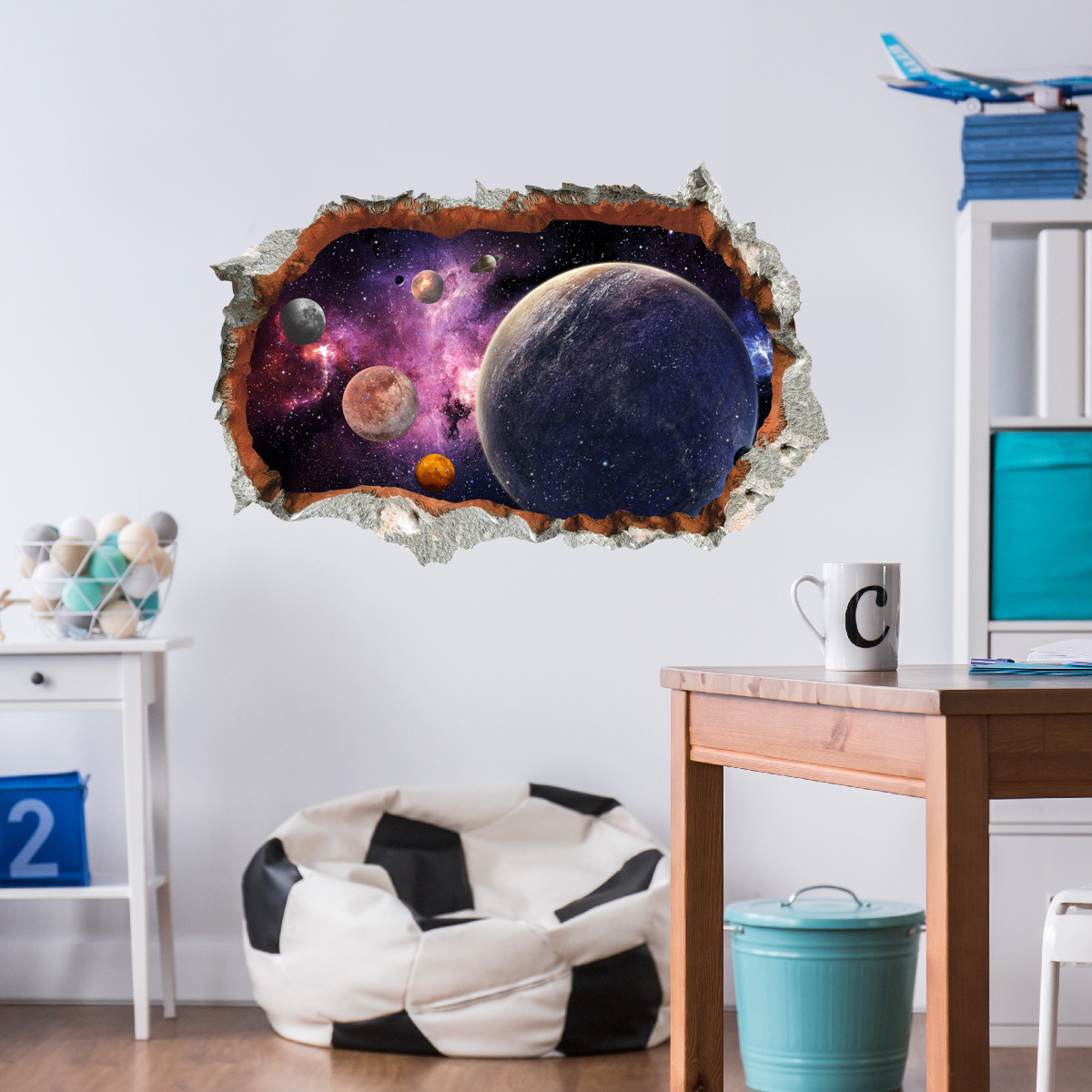 bm6006 宇宙星球3d立体假窗户墙贴纸房间装饰墙贴自粘批发墙贴画