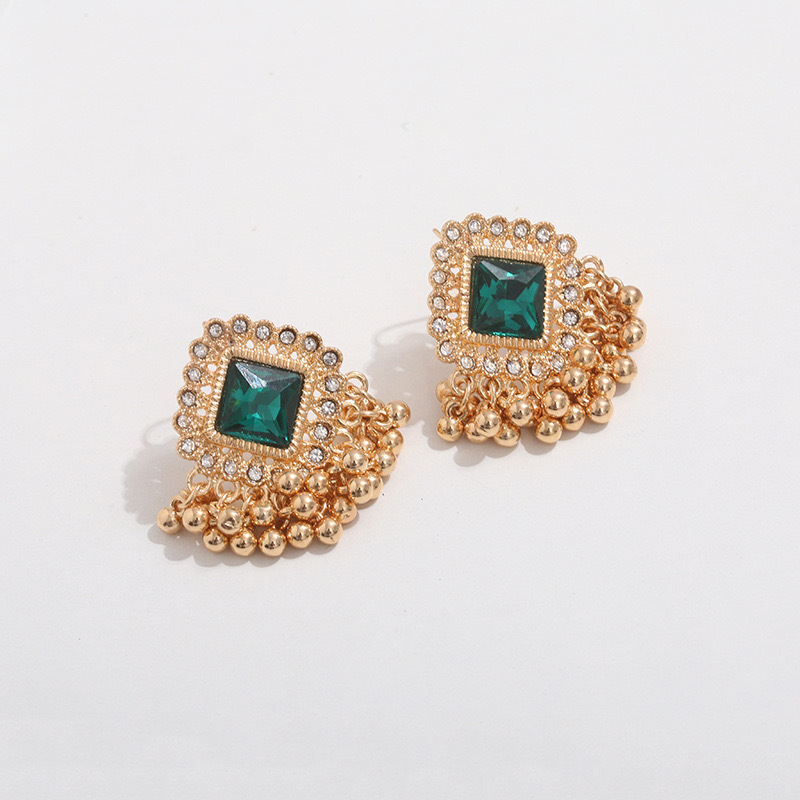 d002跨境几何形时尚个性夸张印度宫廷绿宝石镶钻小众菱形耳钉 女