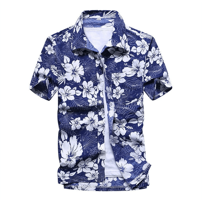 amazon cross-border summer beach youth spot printed blue lapel loose thin men‘s quick-drying shirt