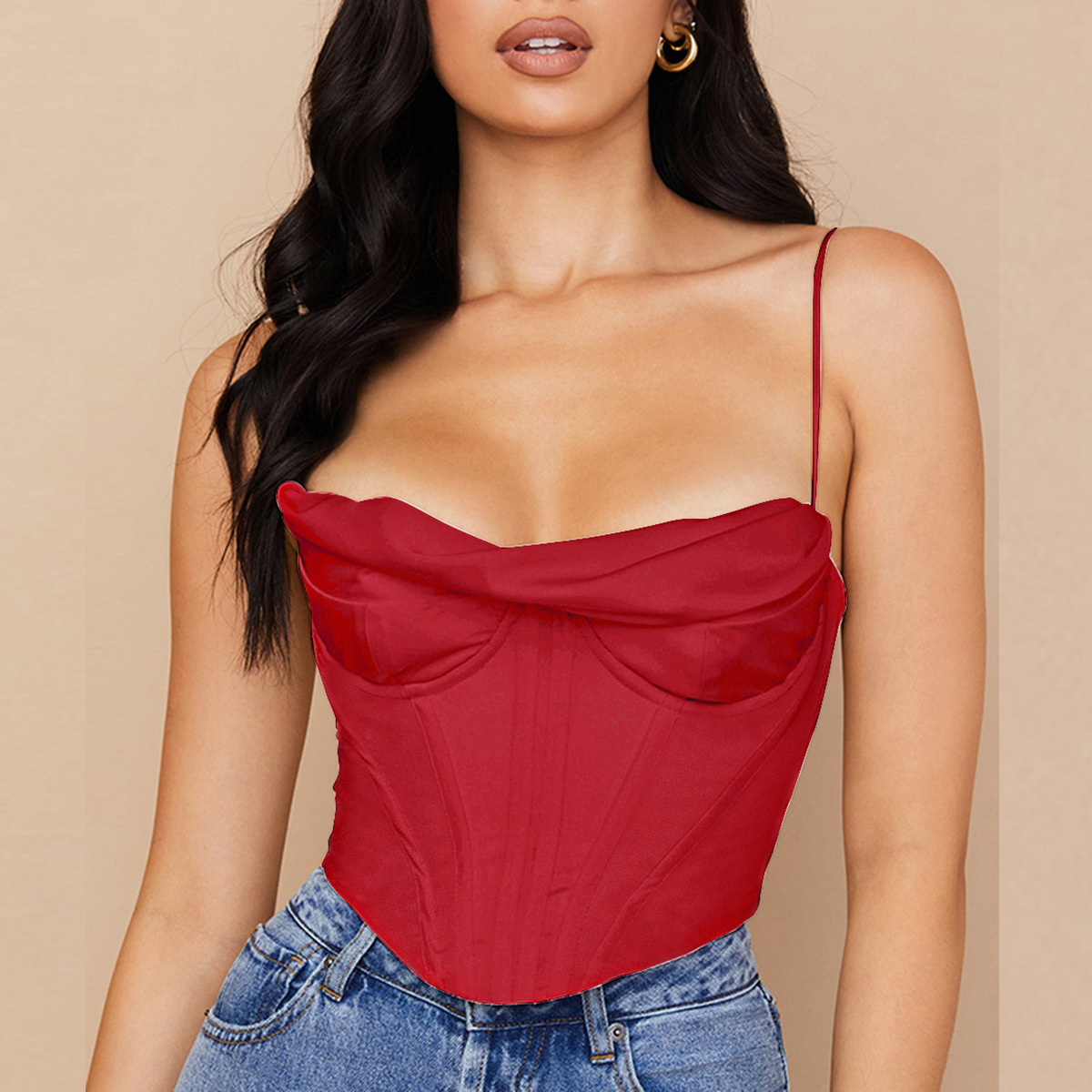 Sexy Satin Fishbone Pleated Halter Top