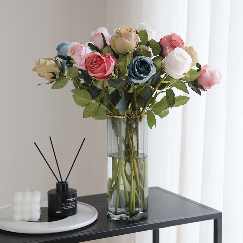 保加利亚玫瑰花仿真花假花塑料绢花客厅高档餐桌摆件花瓶插花摆设