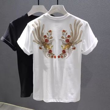 夏季新款国潮凤凰刺绣中国t恤休闲短袖男百搭修身新中式上衣体恤