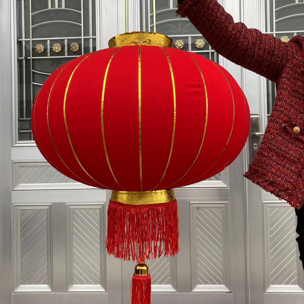 植绒布全红金边长杆红灯笼挂饰 外贸出口义乌户外大红灯笼