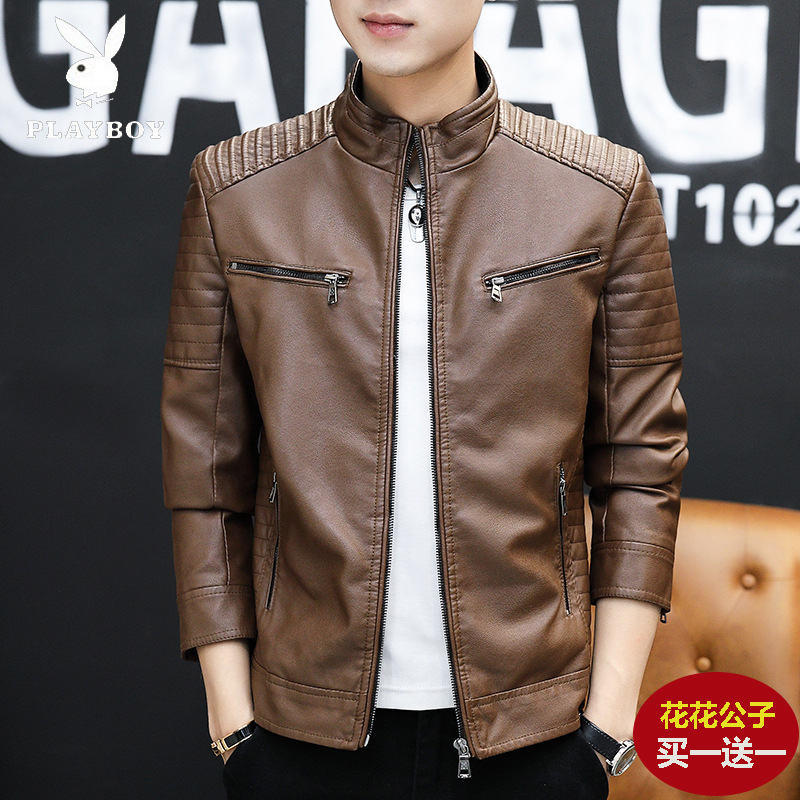 Spring and Autumn Leather Jacket Thin Stand Collar Motorcycle Handsome Trendy Leather Coat 2022 New Student Leather Men's Clothing Single