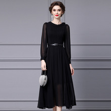 智丽2024春季新款黑色高级感优雅气质拼接纱袖收腰系带大摆连衣裙