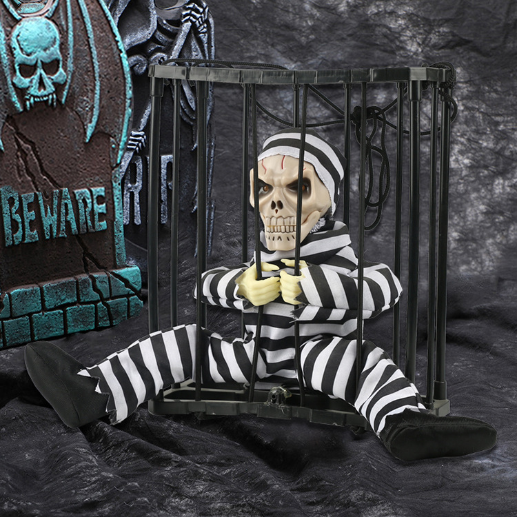 万圣节鬼屋恐怖道具整蛊玩具红外感应发光发声牢笼死囚犯吊鬼批发