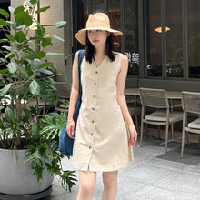 标准版型亚麻棉混纺小伞裙米灰色2025夏季新品女高级感连衣裙