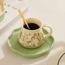 ins可爱陶瓷咖啡杯碟带勺子田园风漫画女孩水杯牛奶杯可印logo
