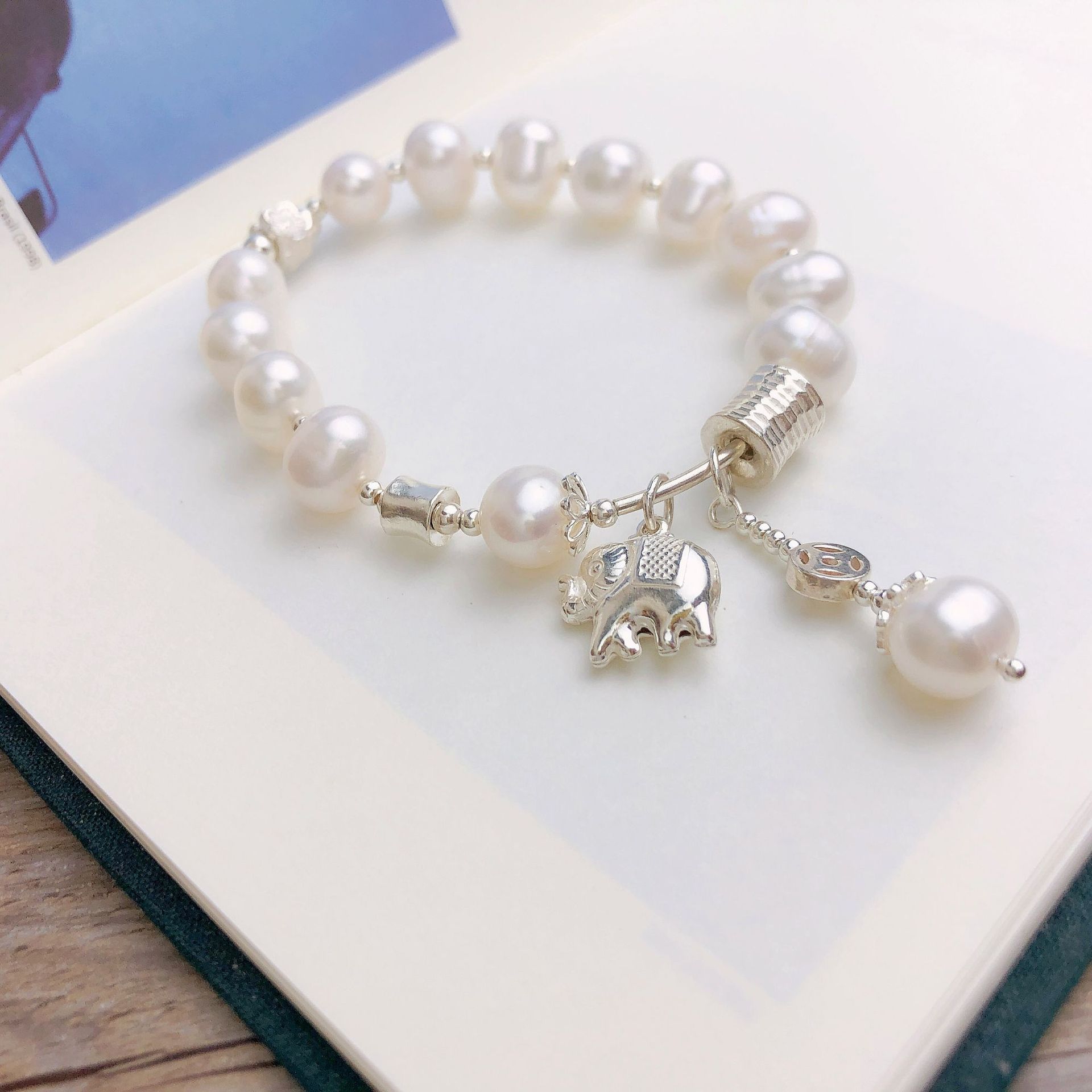 s925银银珠大象吉祥吊坠天然淡水珍珠手链女气质简约单圈手串diy